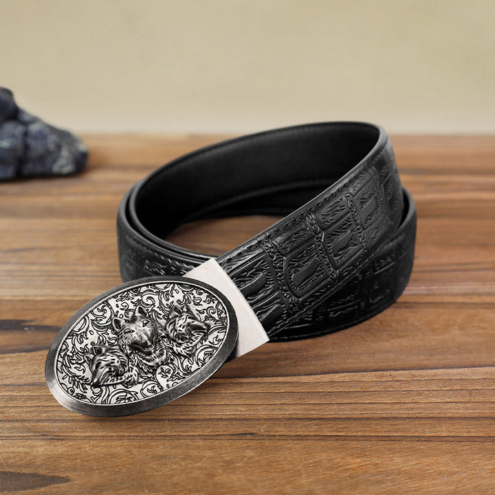 Men's DIY Hungry Wolves Automatic Buckle Leather Belt - Antique Silver - Black Snake Pattern Belt (40) - image 3