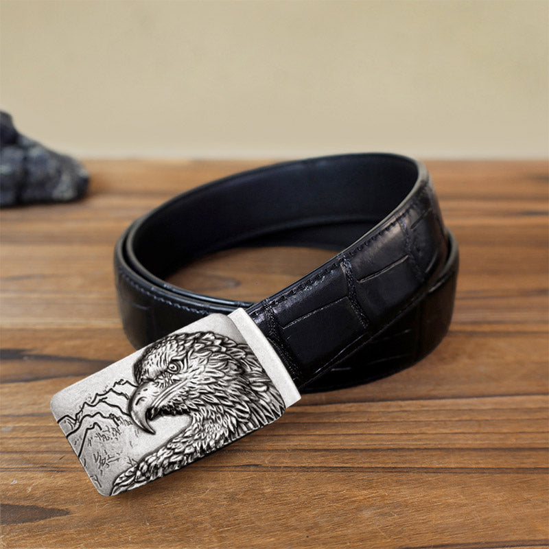 Men's DIY Carved Eagle Head Automatic Buckle Leather Belt - Antique Silver - Black Crocodile Pattern Belt (40) - image 1