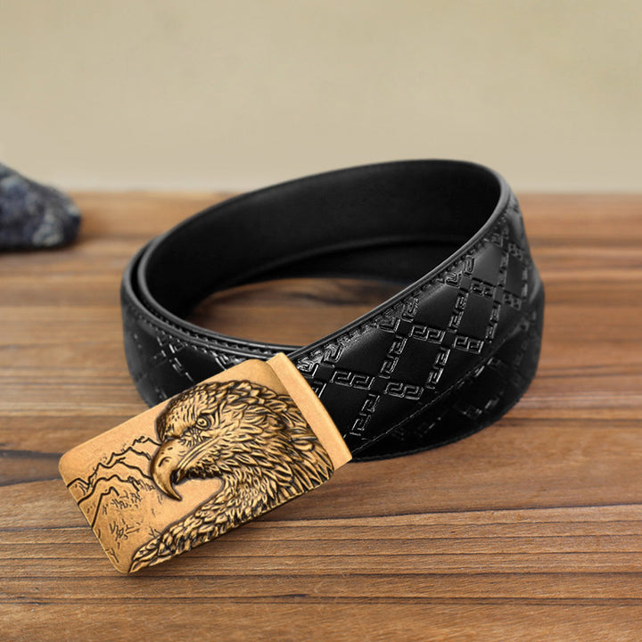Men's DIY Carved Eagle Head Automatic Buckle Leather Belt - Antique Gold - Black Diamond Pattern Belt (40) - image 11