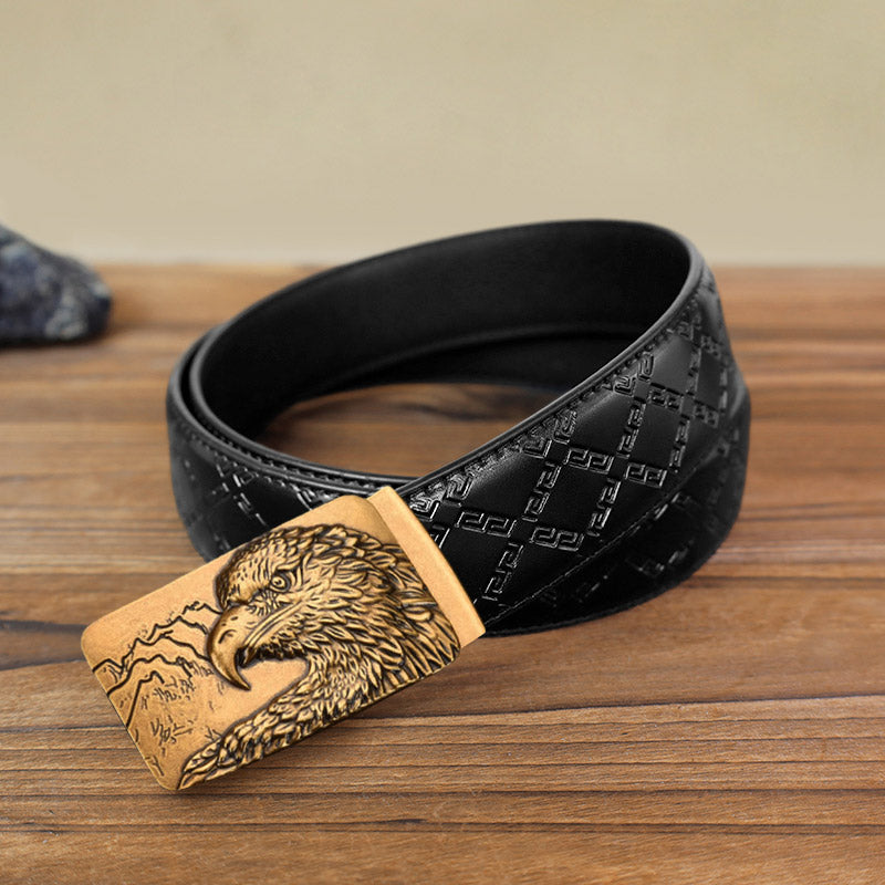 Men's DIY Carved Eagle Head Automatic Buckle Leather Belt - Antique Gold - Black Diamond Pattern Belt (40) - image 11