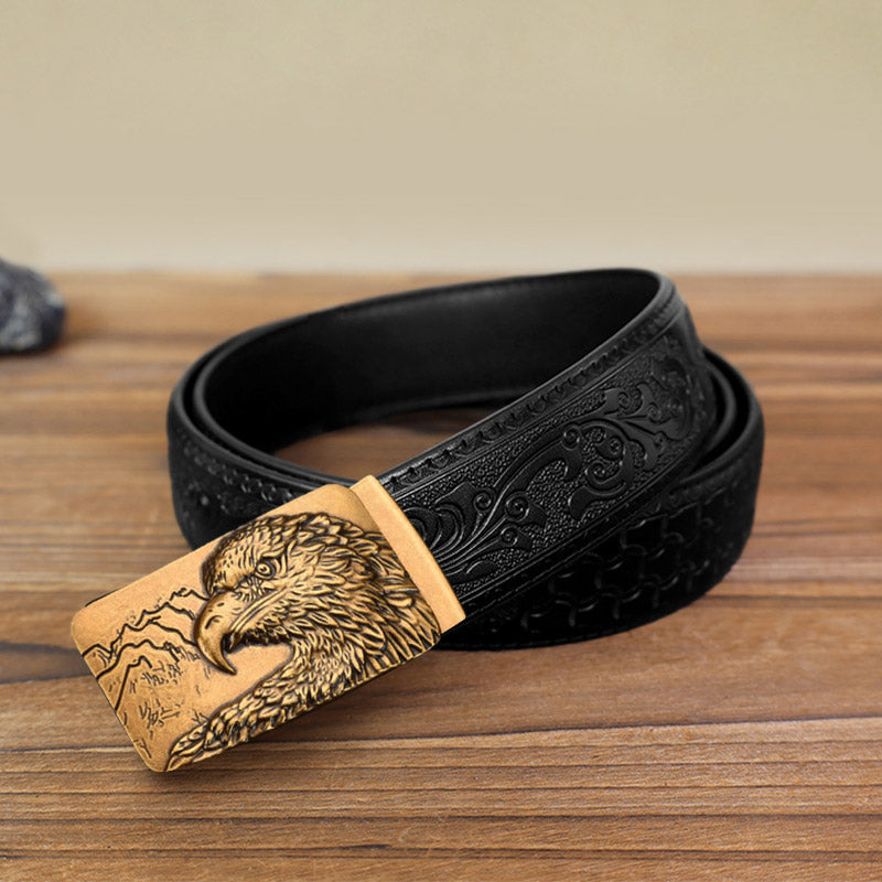 Men's DIY Carved Eagle Head Automatic Buckle Leather Belt - Antique Gold - Black Carved Pattern Belt (40) - image 13