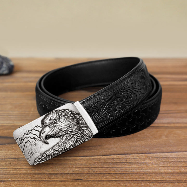 Men's DIY Carved Eagle Head Automatic Buckle Leather Belt - Antique Silver - Black Carved Pattern Belt (40) - image 4