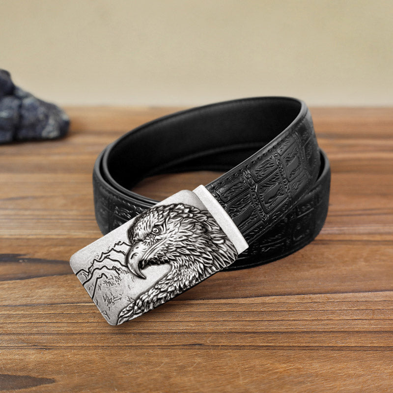 Men's DIY Carved Eagle Head Automatic Buckle Leather Belt - Antique Silver - Black Snake Pattern Belt (40) - image 3
