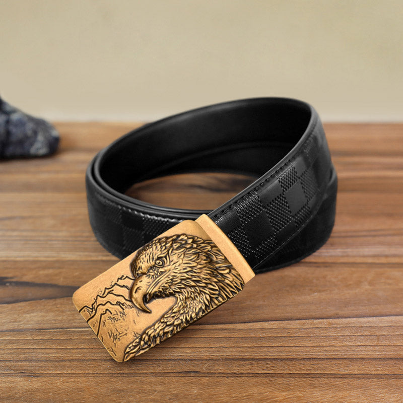 Men's DIY Carved Eagle Head Automatic Buckle Leather Belt - Antique Gold - Black Checked Pattern Belt (40) - image 14