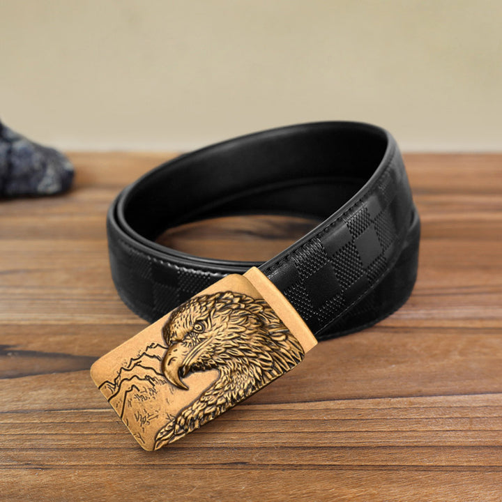 Men's DIY Carved Eagle Head Automatic Buckle Leather Belt - Antique Gold - Black Checked Pattern Belt (40) - image 14