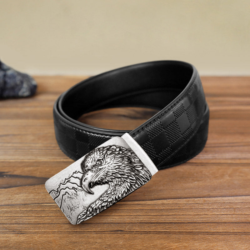Men's DIY Carved Eagle Head Automatic Buckle Leather Belt - Antique Silver - Black Checked Pattern Belt (40) - image 5