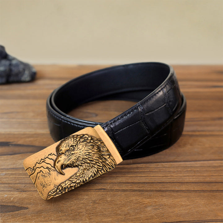 Men's DIY Carved Eagle Head Automatic Buckle Leather Belt - Antique Gold - Black Crocodile Pattern Belt (40) - image 10