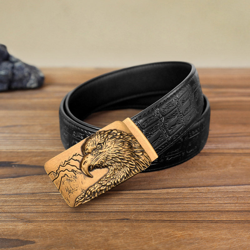 Men's DIY Carved Eagle Head Automatic Buckle Leather Belt - Antique Gold - Black Snake Pattern Belt (40) - image 12