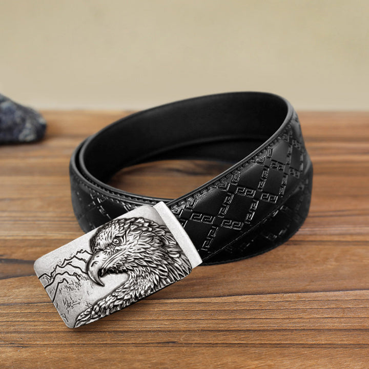 Men's DIY Carved Eagle Head Automatic Buckle Leather Belt - Antique Silver - Black Diamond Pattern Belt (40) - image 2