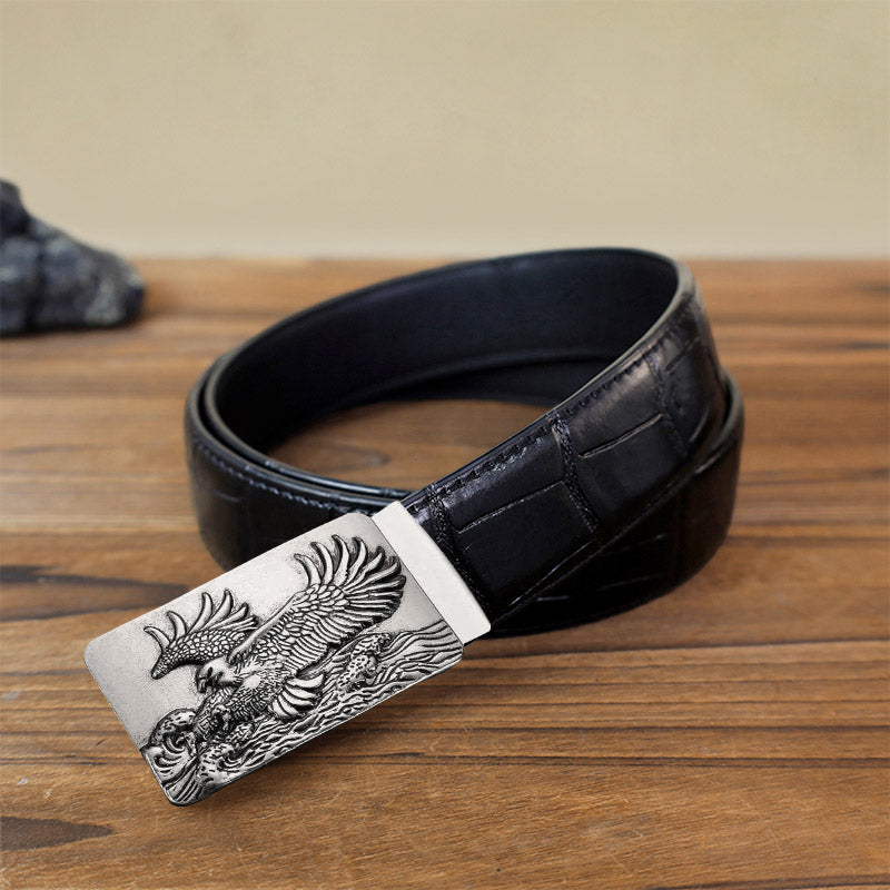 Men's DIY Eagle Spread Wings Automatic Buckle Leather Belt - Antique Silver - Black Crocodile Pattern Belt (40) - image 1
