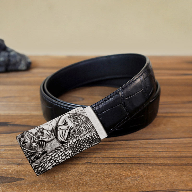 Men's DIY Strong Eagle Automatic Buckle Leather Belt - Antique Silver - Black Crocodile Pattern Belt (40) - image 1