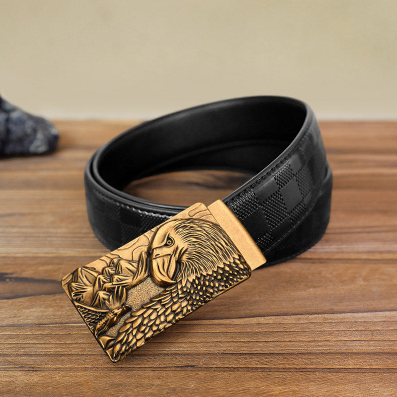 Men's DIY Strong Eagle Automatic Buckle Leather Belt - Antique Gold - Black Checked Pattern Belt (40) - image 14