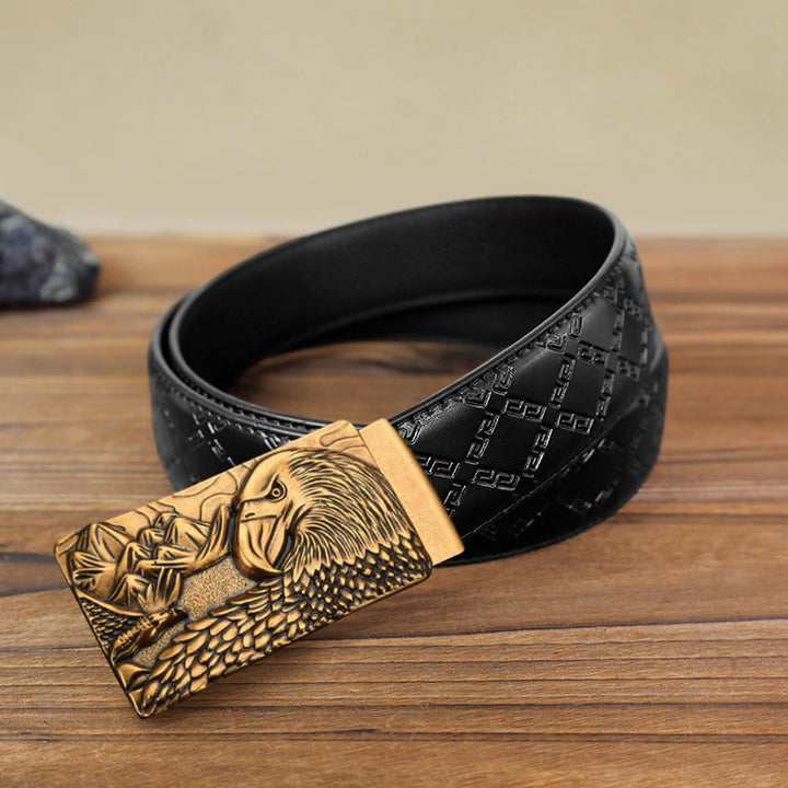 Men's DIY Strong Eagle Automatic Buckle Leather Belt - Antique Gold - Black Diamond Pattern Belt (40) - image 11