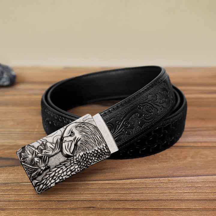 Men's DIY Strong Eagle Automatic Buckle Leather Belt - Antique Silver - Black Carved Pattern Belt (40) - image 4