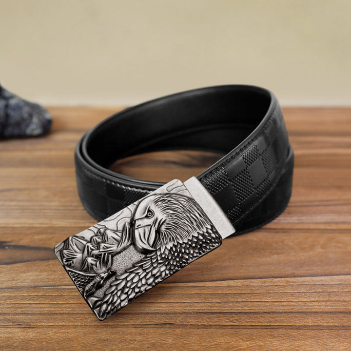 Men's DIY Strong Eagle Automatic Buckle Leather Belt - Antique Silver - Black Checked Pattern Belt (40) - image 5