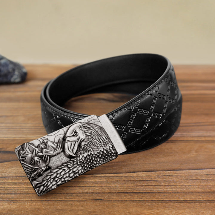 Men's DIY Strong Eagle Automatic Buckle Leather Belt - Antique Silver - Black Diamond Pattern Belt (40) - image 2