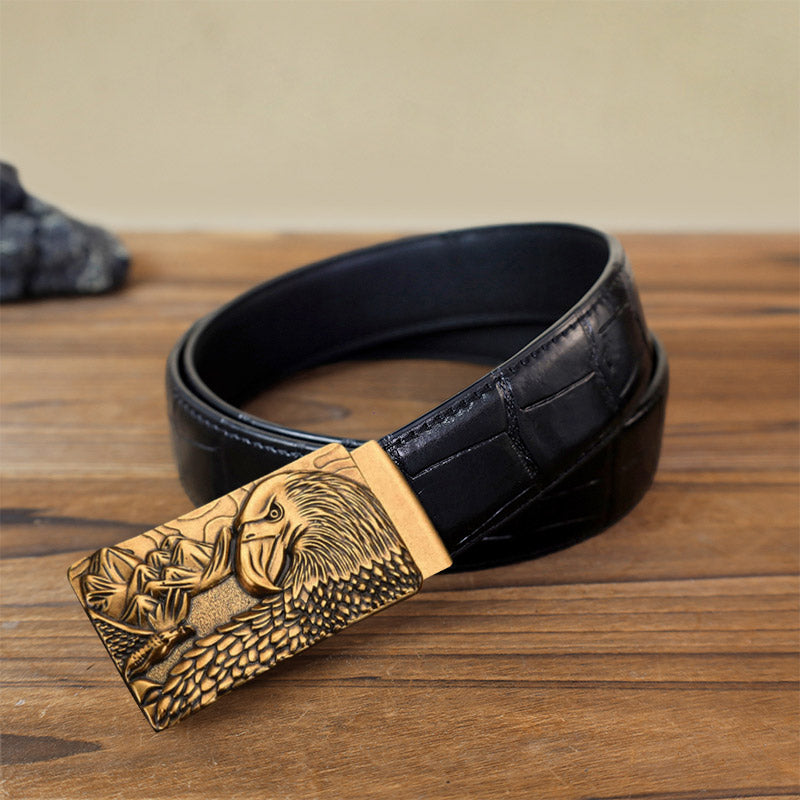 Men's DIY Strong Eagle Automatic Buckle Leather Belt - Antique Gold - Black Crocodile Pattern Belt (40) - image 10