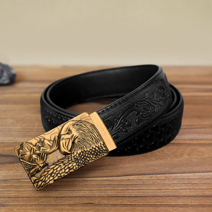 Men's DIY Strong Eagle Automatic Buckle Leather Belt - Antique Gold - Black Carved Pattern Belt (40) - image 13
