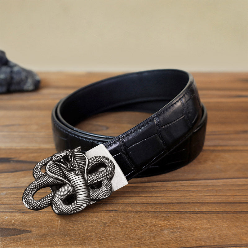 Men's DIY Mysterious Snake Automatic Buckle Leather Belt - Antique Silver - Black Crocodile Pattern Belt (40) - image 1