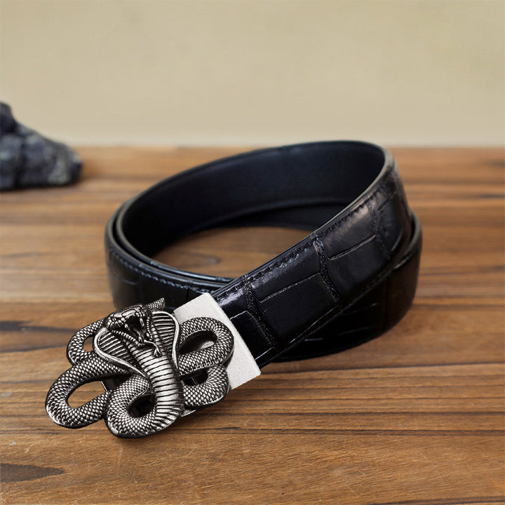 Men's DIY Mysterious Snake Automatic Buckle Leather Belt - Antique Silver - Black Crocodile Pattern Belt (40) - image 1