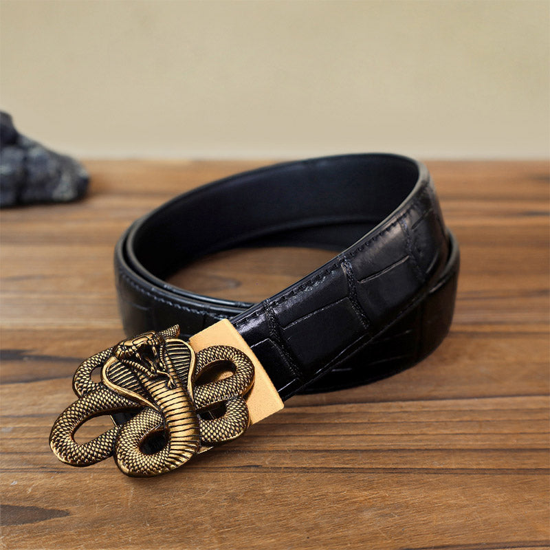 Men's DIY Mysterious Snake Automatic Buckle Leather Belt - Antique Gold - Black Crocodile Pattern Belt (40) - image 10