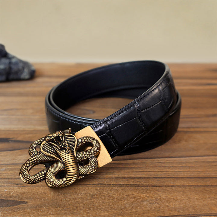 Men's DIY Mysterious Snake Automatic Buckle Leather Belt - Antique Gold - Black Crocodile Pattern Belt (40) - image 10