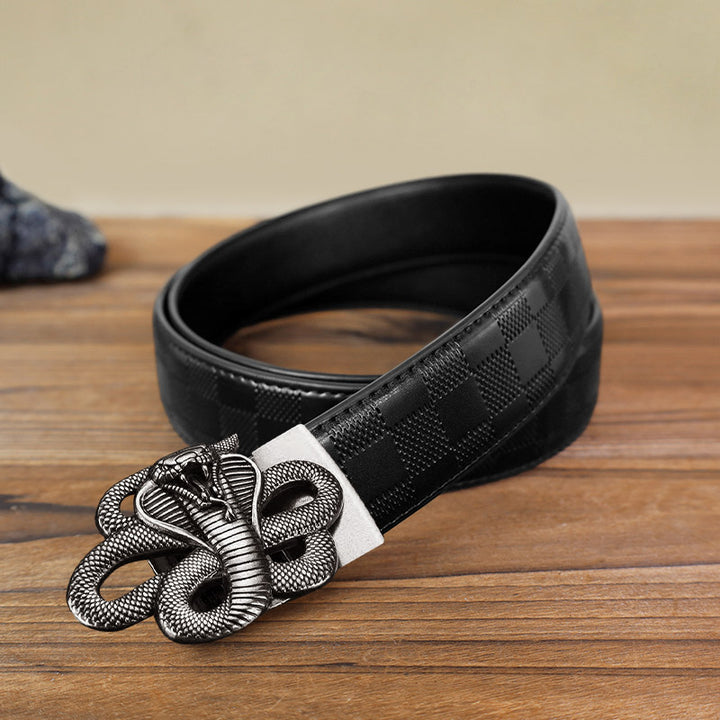 Men's DIY Mysterious Snake Automatic Buckle Leather Belt - Antique Silver - Black Checked Pattern Belt (40) - image 5