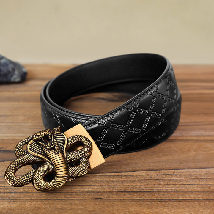 Men's DIY Mysterious Snake Automatic Buckle Leather Belt - Antique Gold - Black Diamond Pattern Belt (40) - image 11