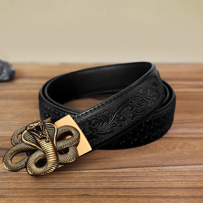 Men's DIY Mysterious Snake Automatic Buckle Leather Belt - Antique Gold - Black Carved Pattern Belt (40) - image 13