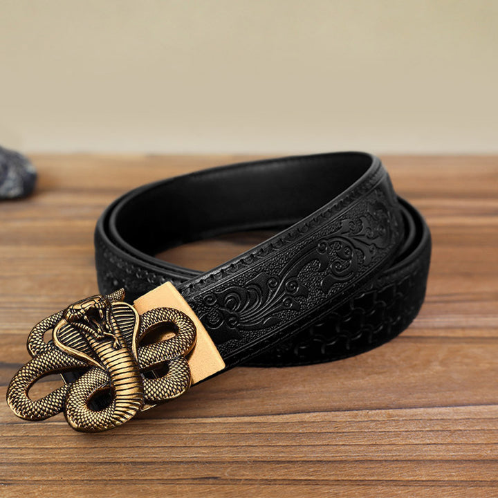 Men's DIY Mysterious Snake Automatic Buckle Leather Belt - Antique Gold - Black Carved Pattern Belt (40) - image 13