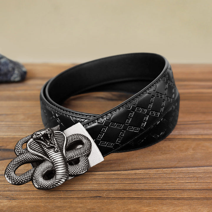 Men's DIY Mysterious Snake Automatic Buckle Leather Belt - Antique Silver - Black Diamond Pattern Belt (40) - image 2