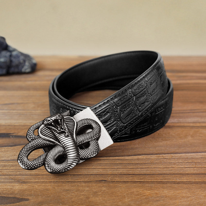 Men's DIY Mysterious Snake Automatic Buckle Leather Belt - Antique Silver - Black Snake Pattern Belt (40) - image 3