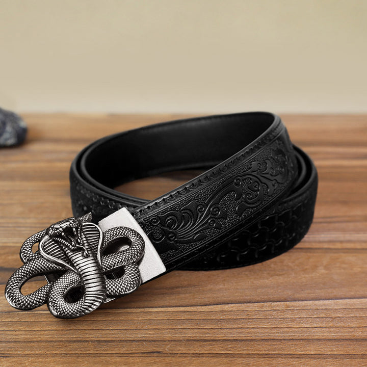 Men's DIY Mysterious Snake Automatic Buckle Leather Belt - Antique Silver - Black Carved Pattern Belt (40) - image 4