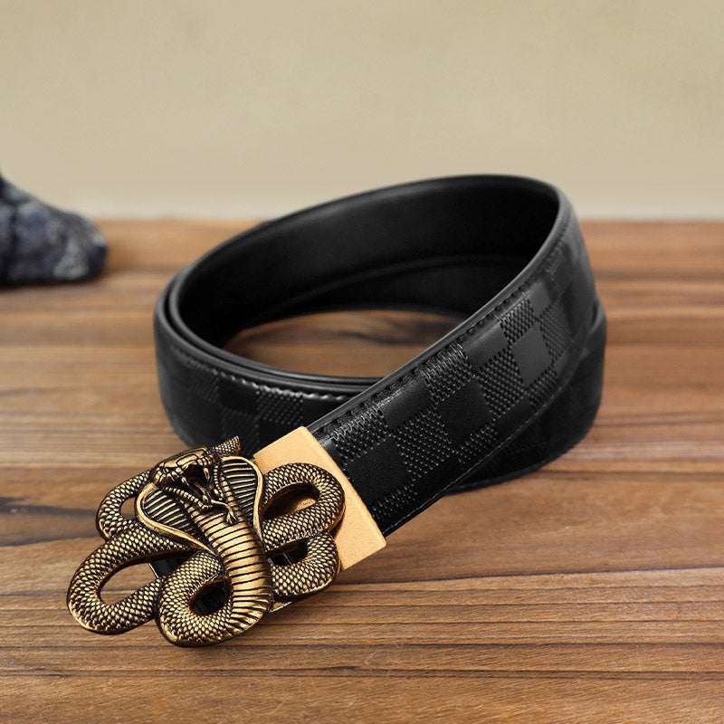 Men's DIY Mysterious Snake Automatic Buckle Leather Belt - Antique Gold - Black Checked Pattern Belt (40) - image 14