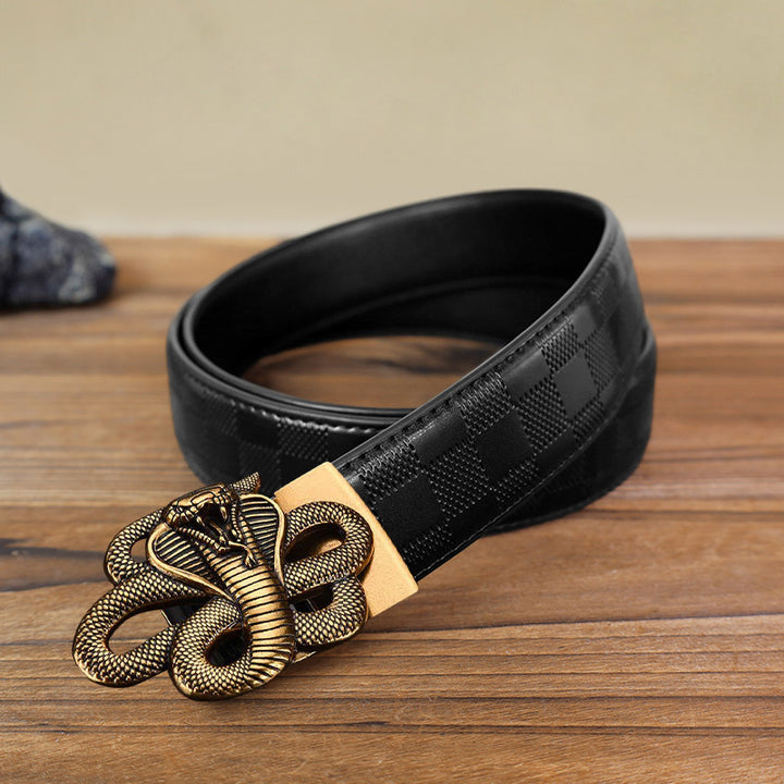 Men's DIY Mysterious Snake Automatic Buckle Leather Belt - Antique Gold - Black Checked Pattern Belt (40) - image 14