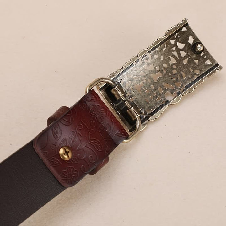 Women's Retro Embossed Hollow Flower Buckle Leather Belt - image 5