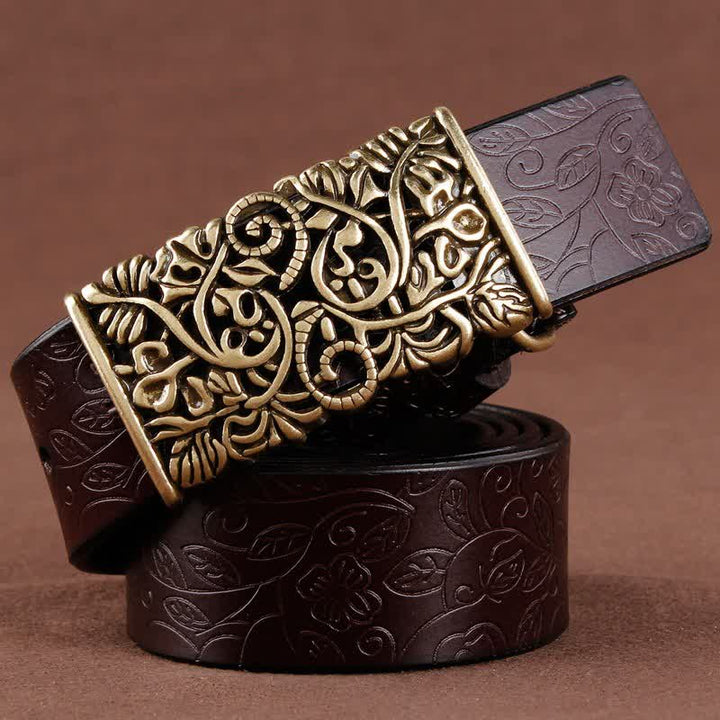 Women's Retro Embossed Hollow Flower Buckle Leather Belt - Coffee - 38 - image 0