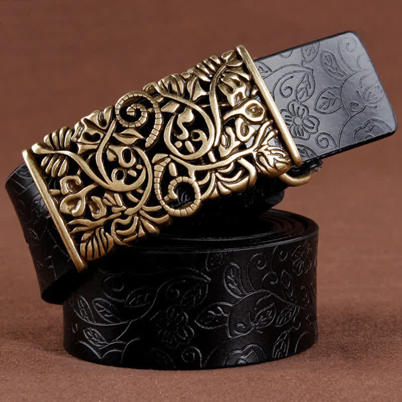 Women's Retro Embossed Hollow Flower Buckle Leather Belt - Black - 38 - image 7