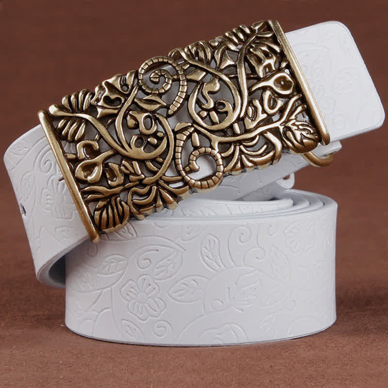 Women's Retro Embossed Hollow Flower Buckle Leather Belt - White - 38 - image 11