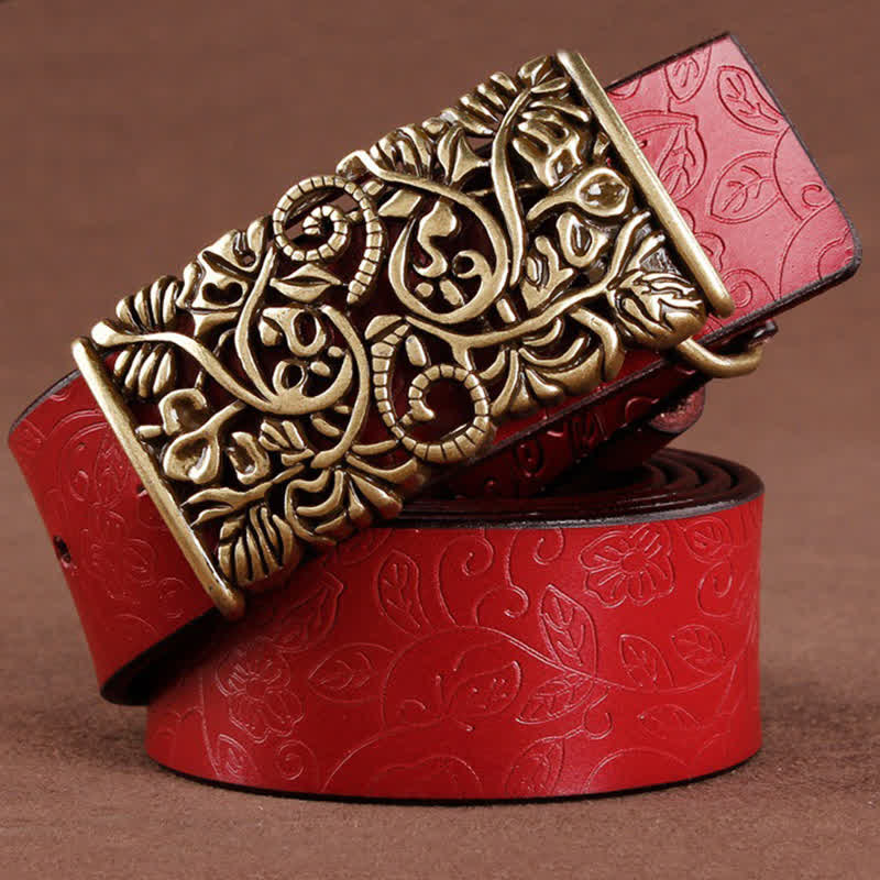Women's Retro Embossed Hollow Flower Buckle Leather Belt - Red - 38 - image 10