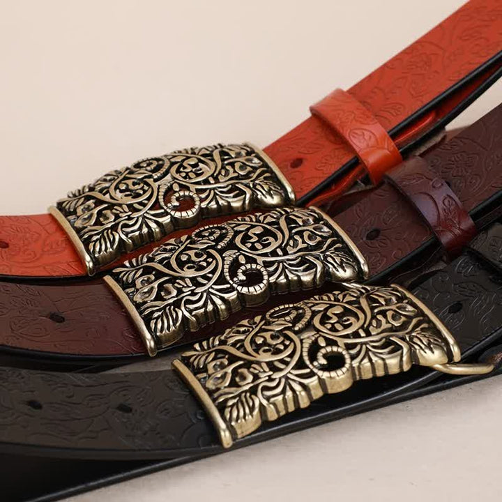 Women's Retro Embossed Hollow Flower Buckle Leather Belt - image 1