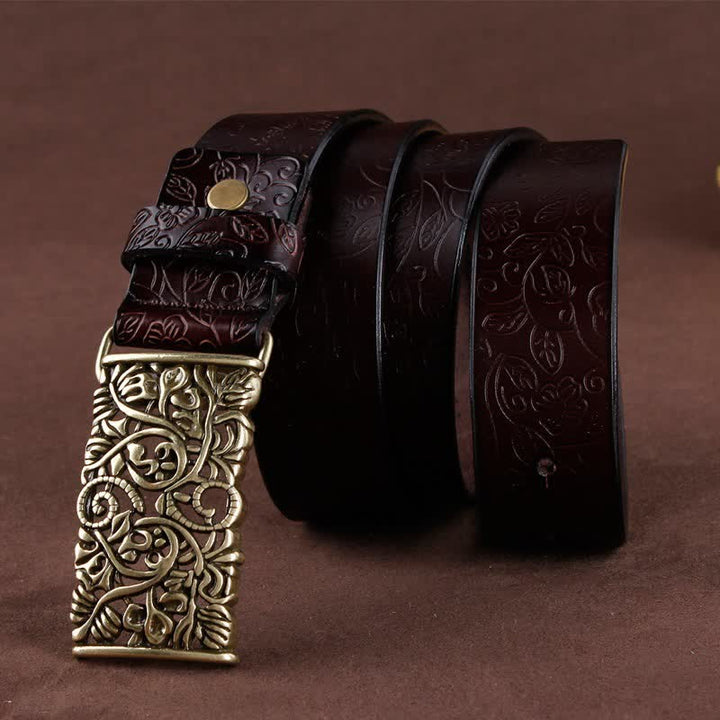 Women's Retro Embossed Hollow Flower Buckle Leather Belt - image 3