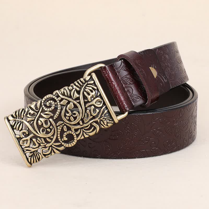Women's Retro Embossed Hollow Flower Buckle Leather Belt - image 2