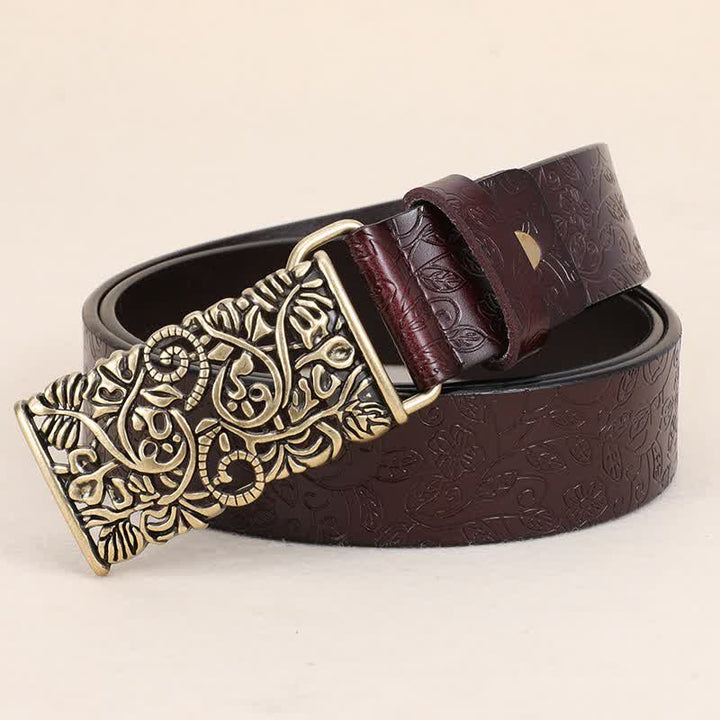 Women's Retro Embossed Hollow Flower Buckle Leather Belt - image 2