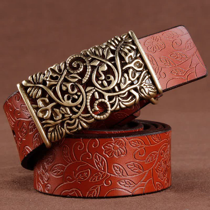 Women's Retro Embossed Hollow Flower Buckle Leather Belt - Brown - 38 - image 12