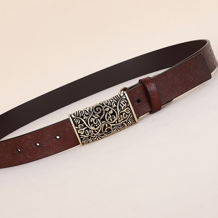 Women's Retro Embossed Hollow Flower Buckle Leather Belt - image 4