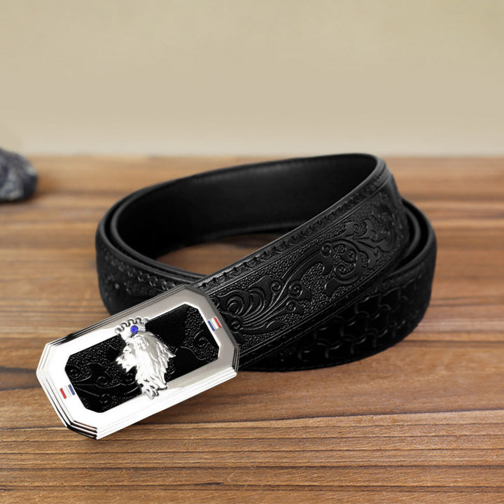 Men's DIY Lion Head Automatic Buckle Leather Belt - Silver - Black Carved Pattern Belt (40) - image 11