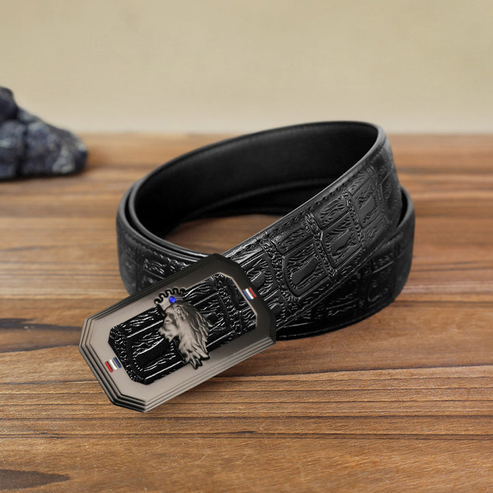 Men's DIY Lion Head Automatic Buckle Leather Belt - Gray - Black Snake Pattern Belt (40) - image 16