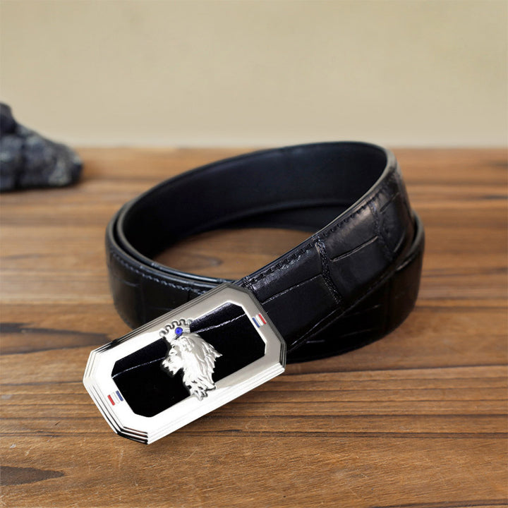 Men's DIY Lion Head Automatic Buckle Leather Belt - Silver - Black Crocodile Pattern Belt (40) - image 8
