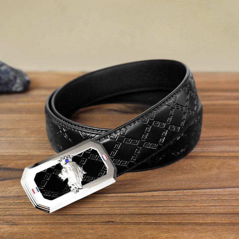 Men's DIY Lion Head Automatic Buckle Leather Belt - Silver - Black Diamond Pattern Belt (40) - image 9